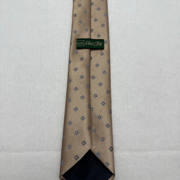 Neck Tie Vintage Sears Light Brown Small Square Blue Diamonds Geometric - Picture 2 of 4